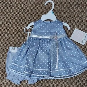 NWT Bonnie Baby 2 Pc Blue and White Polkadot Pinafore Dress Set ~3-6M
